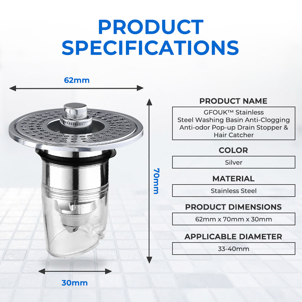 Velorandt® Stainless Steel Washing Basin Anti-Clogging Anti-odor Pop-up Drain Stopper & Hair Catcher